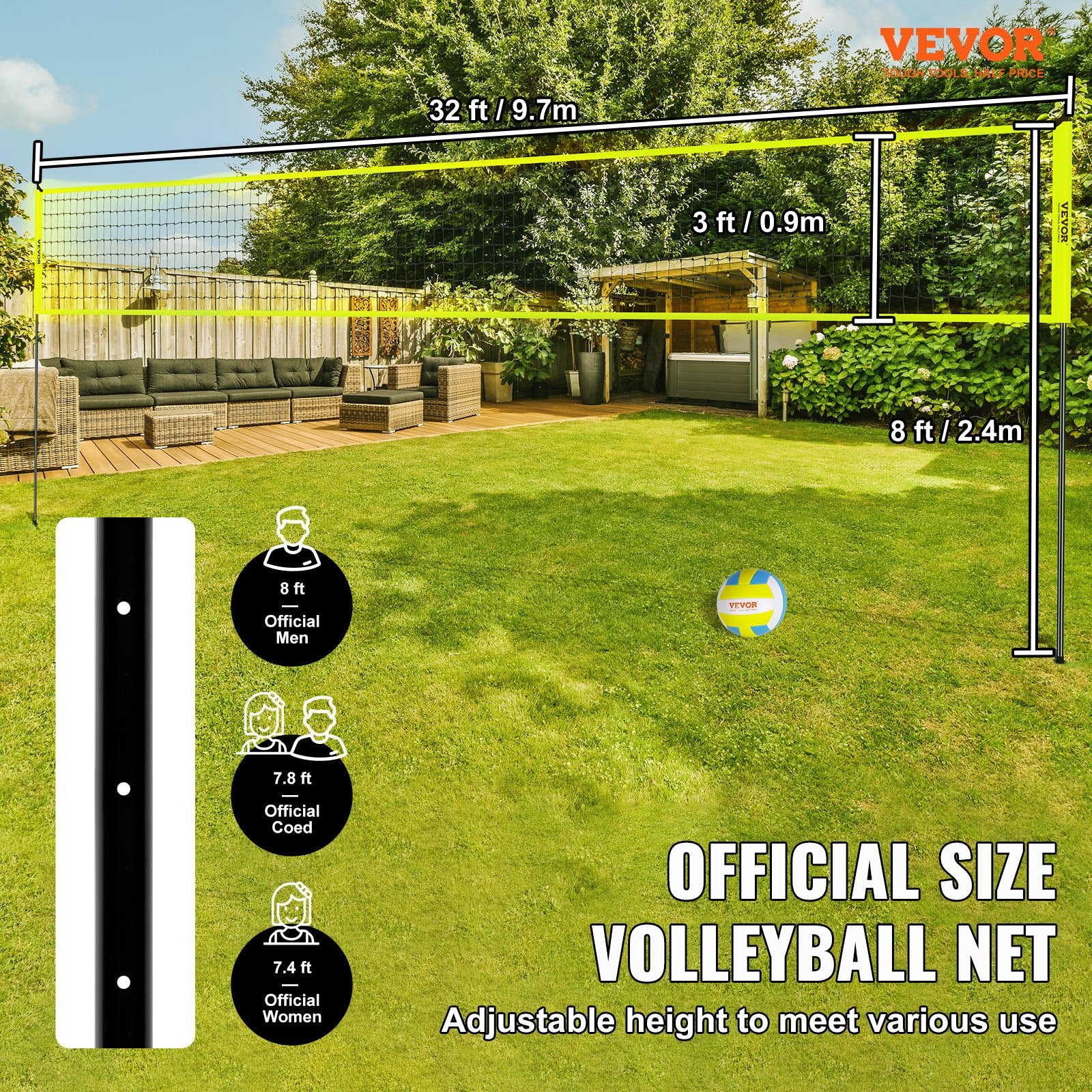 Outdoor Portable Volleyball Net System, Adjustable Height Steel Poles, Professional Volleyball Set with PVC V952-PQWTZ323YCGGGY3MUV0