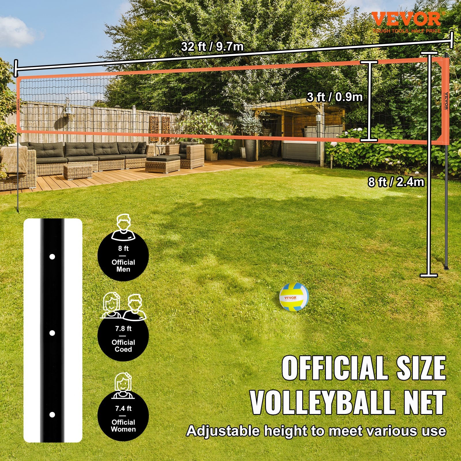 Outdoor Portable Volleyball Net System, Adjustable Height Aluminum Poles, Professional Volleyball Set with V952-PQWTZ323YCLGRY89QV0