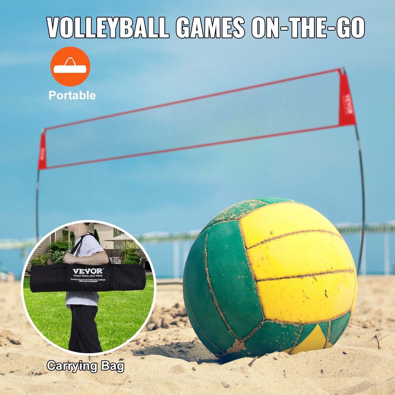 Freestanding Volleyball Training Net for Indoor or Outdoor Use, Adjustable Height Portable Net System with V952-PQXLW14YC00098F67V0