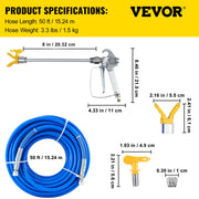 Airless Paint Spray Hose Kit 50ft 1/4in Swivel Joint 3600psi with 517 Tip V952-PQYCLS5030CMWMXP3V0
