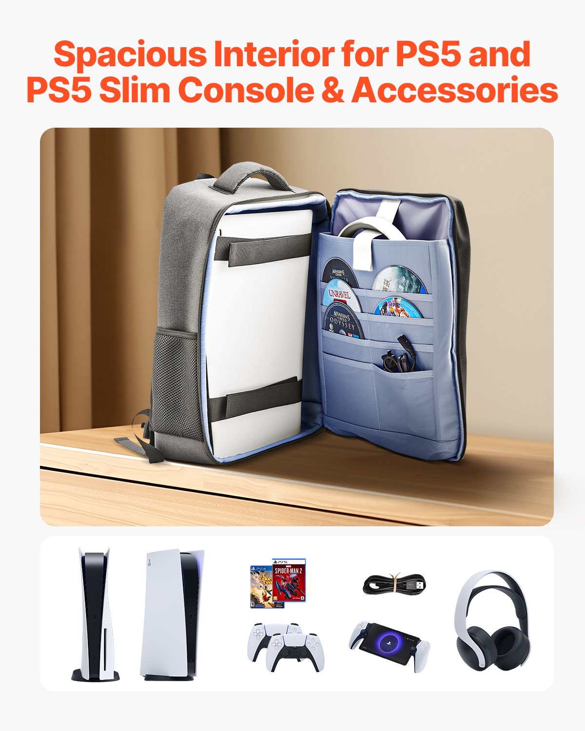 PS5 Backpack Dual Shoulder Travel Bag for Playstation 5 PS5 Slim Nylon V952-PS5YSBQBYBTYH6RTB001V0