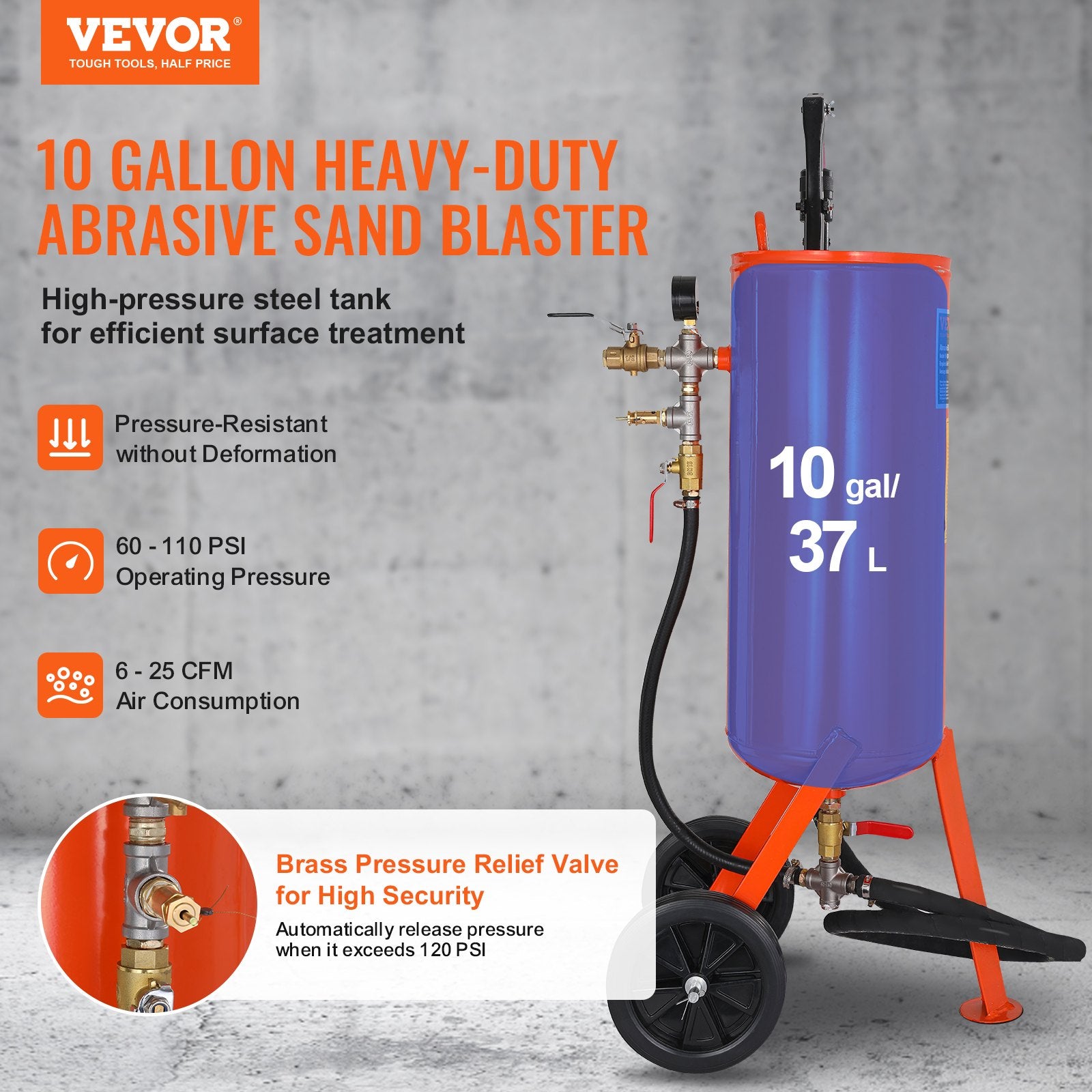 10 Gallon Heavy-Duty Sand Blaster, 60-110 PSI High Pressure Sandblaster, Portable Abrasive Blasting Tank, Air V952-PSG10JL6125PCA4TFV0