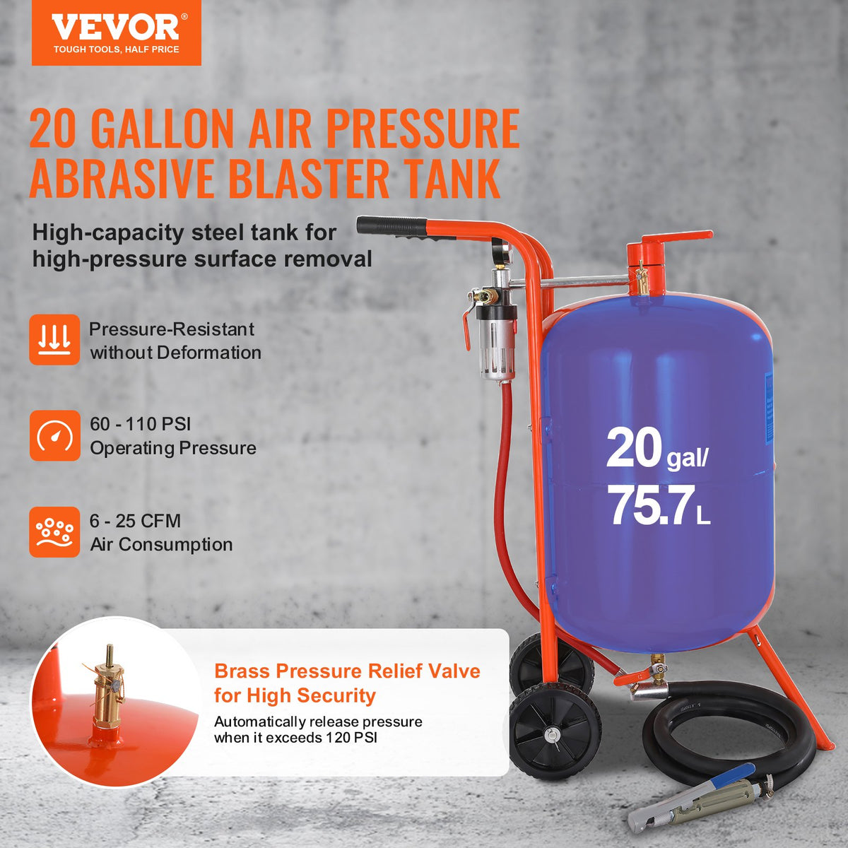 20 Gallon Sand Blaster, 60-110 PSI High Pressure Sandblaster, Portable Abrasive Blasting Tank, Air Sand V952-PSG20JL6125PUWXFKV0