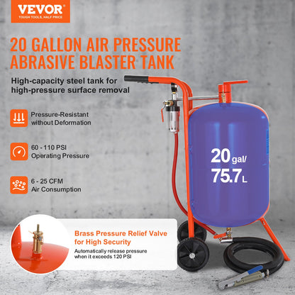 20 Gallon Sand Blaster, 60-110 PSI High Pressure Sandblaster, Portable Abrasive Blasting Tank, Air Sand V952-PSG20JL6125PUWXFKV0