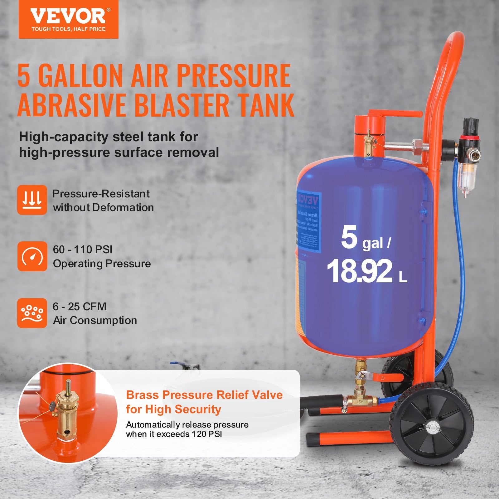 5 Gallon Sand Blaster 60-110 PSI High Pressure Sandblaster with 4 Nozzles V952-PSG5JL6125PS7XJMJV0