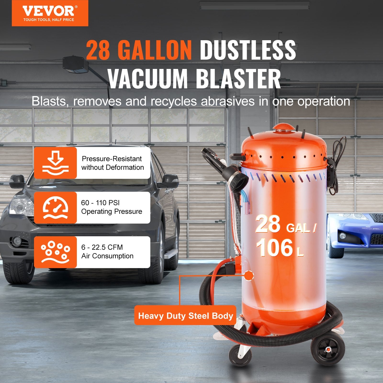 28 Gallon Vacuum Sand Blaster, Dustless Sandblaster with Built-in 1200W Vacuum System for Dust Control and V952-PSGP286125PSIP3JOV3