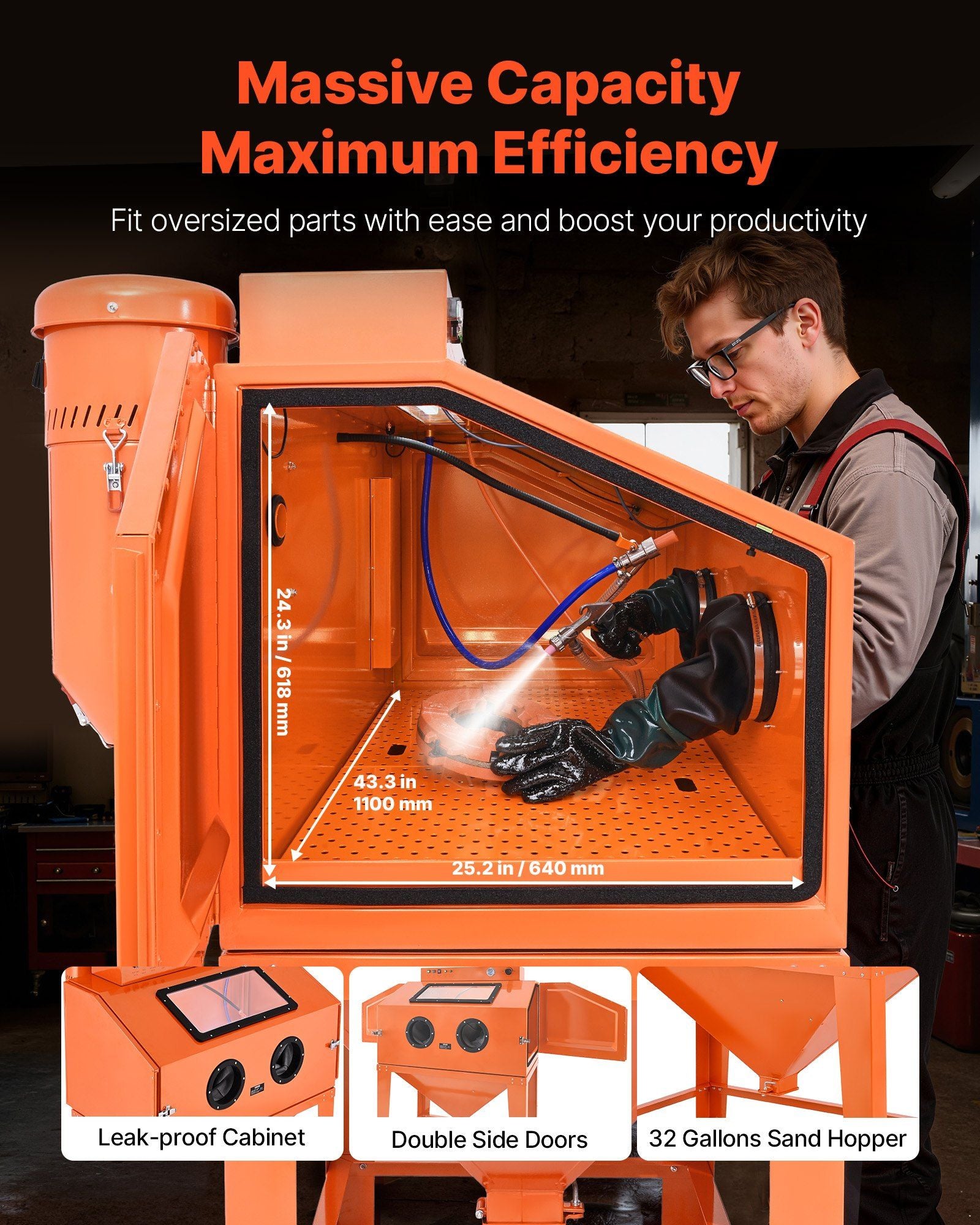 435L Sandblasting Cabinet, Heavy Duty Steel Sand Blaster with Dual Blasting Guns Kit, 117L Media Hopper & V952-PSJ115GALY00XDGO7001V3