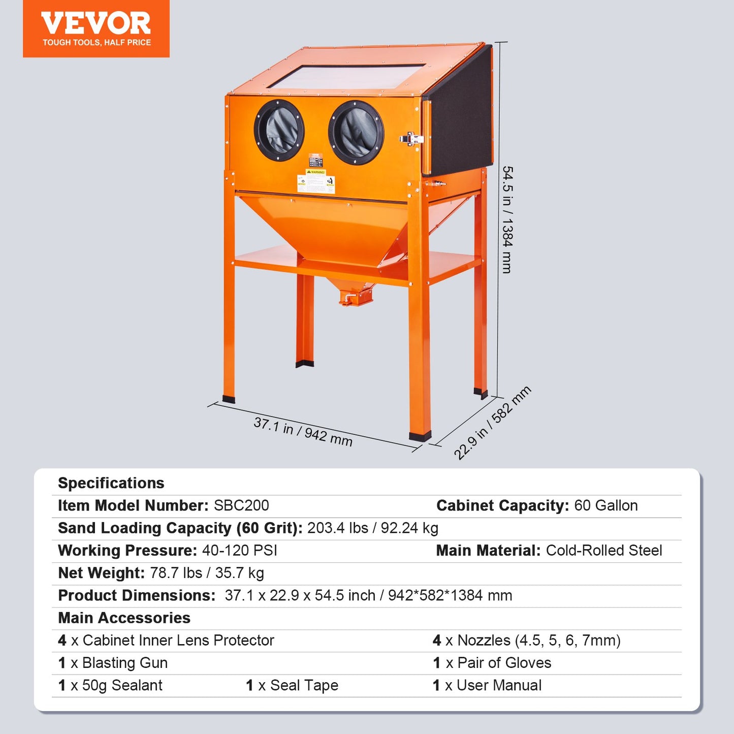 60 Gallon Sand Blasting Cabinet with Stand with Blasting Gun & 4 Nozzles V952-PSJ60JLW0000PHICYV3