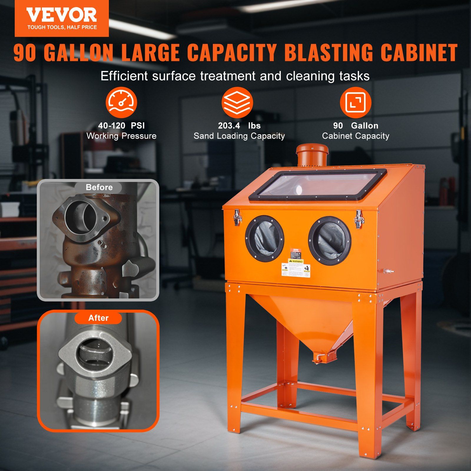90 Gallon Sandblasting Cabinet with 1.8 Gallon Dust Collection System, 40-120PSI Sand Blasting Cabinet with V952-PSJ90JLY0000LHGAJV3