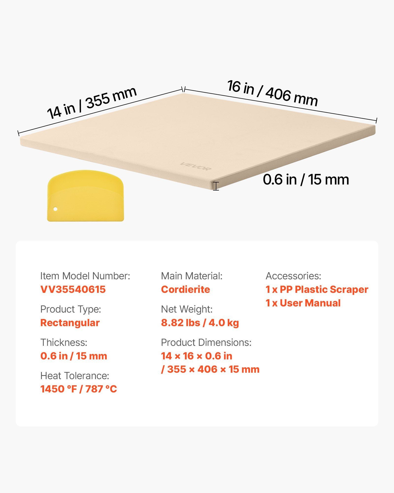 Pizza Stone, 406 x 355 mm Rectangular Cordierite Pizza Stone, Extra Large Baking-Stone with Scraper, 15 mm V952-PSSJQSJX1614V8WHJ001V0