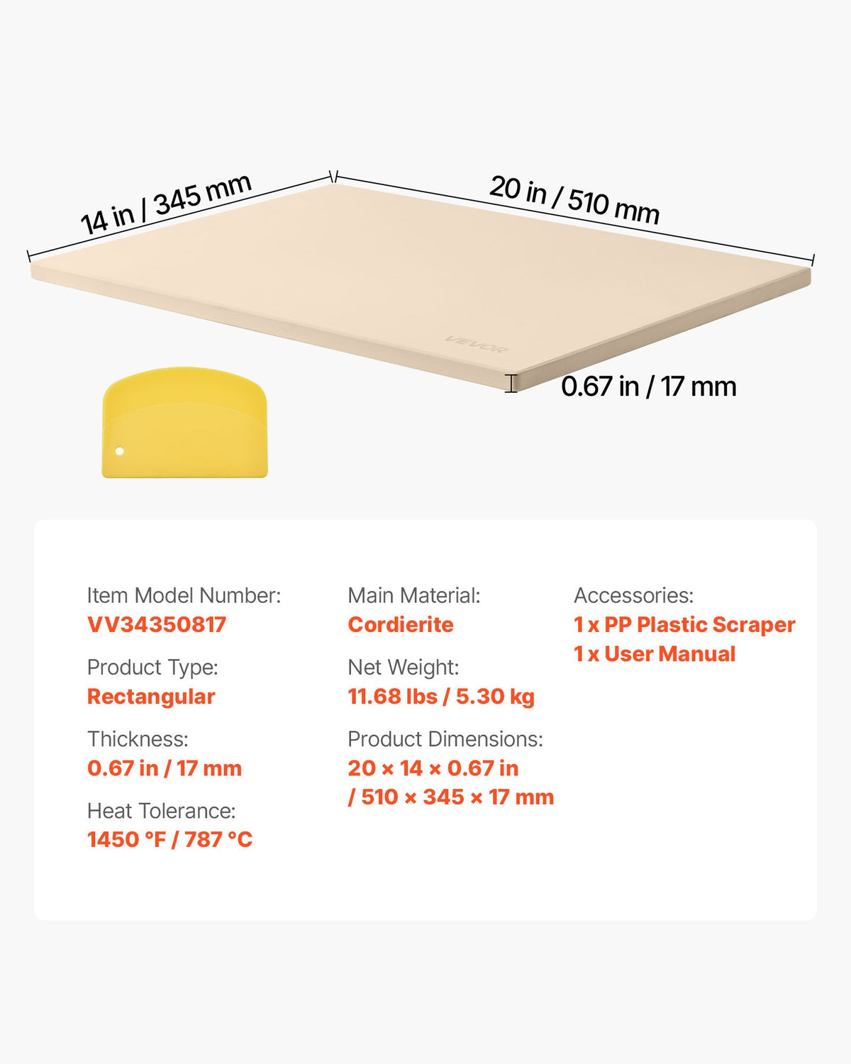 Pizza Stone, 508 x 355 mm Rectangular Cordierite Pizza Stone, Extra Large Baking-Stone with PP Scraper, 17 mm V952-PSSJQSJX2014UO3YE001V0
