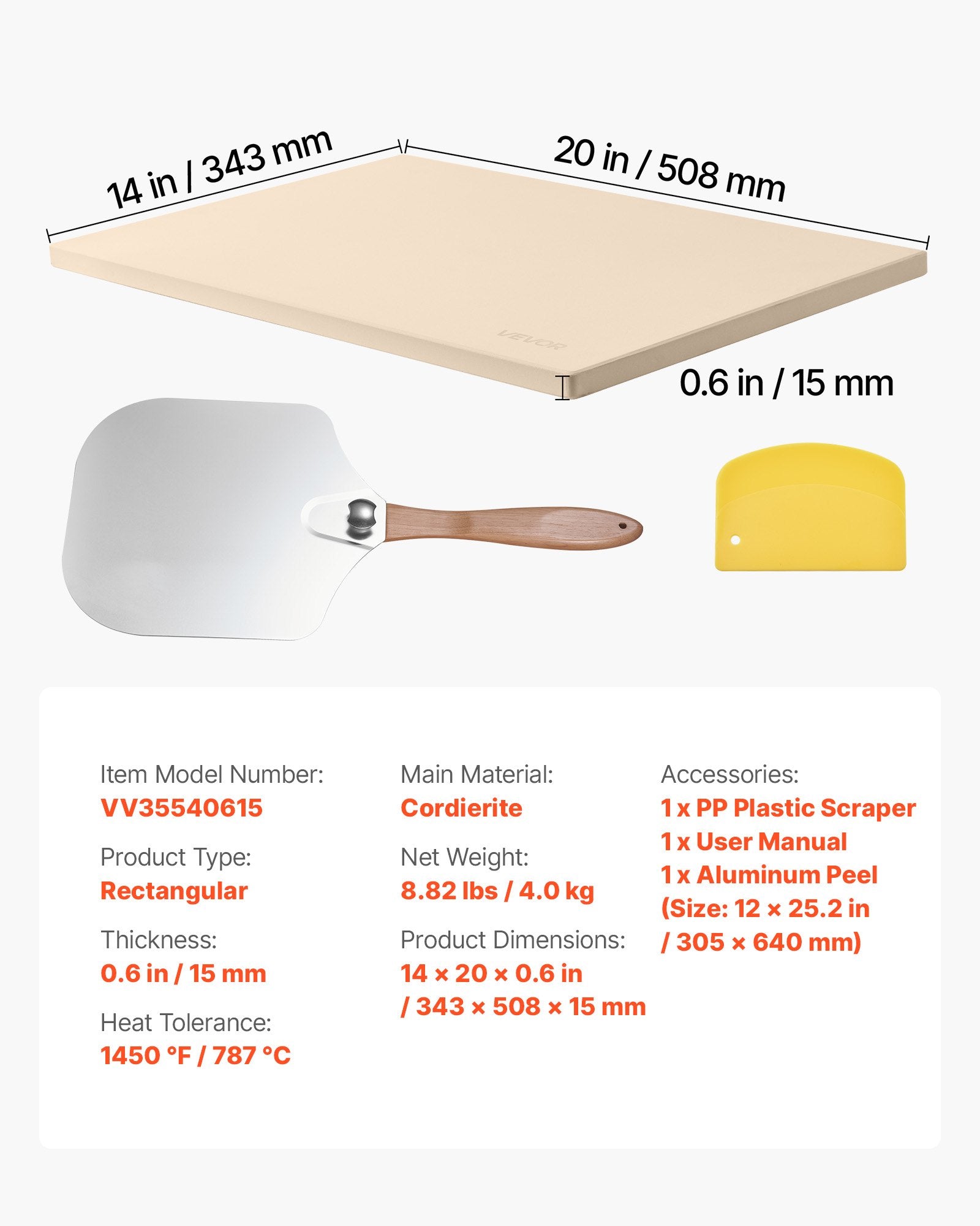 Pizza Stone, 508 x 355 mm Rectangular Cordierite Pizza Stone, Extra Large Baking-Stone with Aluminum Peel, 15 V952-PSSJQSJX22140KPYQ001V0