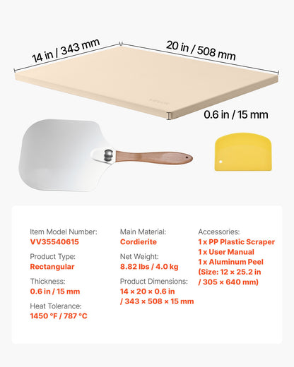 Pizza Stone, 508 x 355 mm Rectangular Cordierite Pizza Stone, Extra Large Baking-Stone with Aluminum Peel, 15 V952-PSSJQSJX22140KPYQ001V0