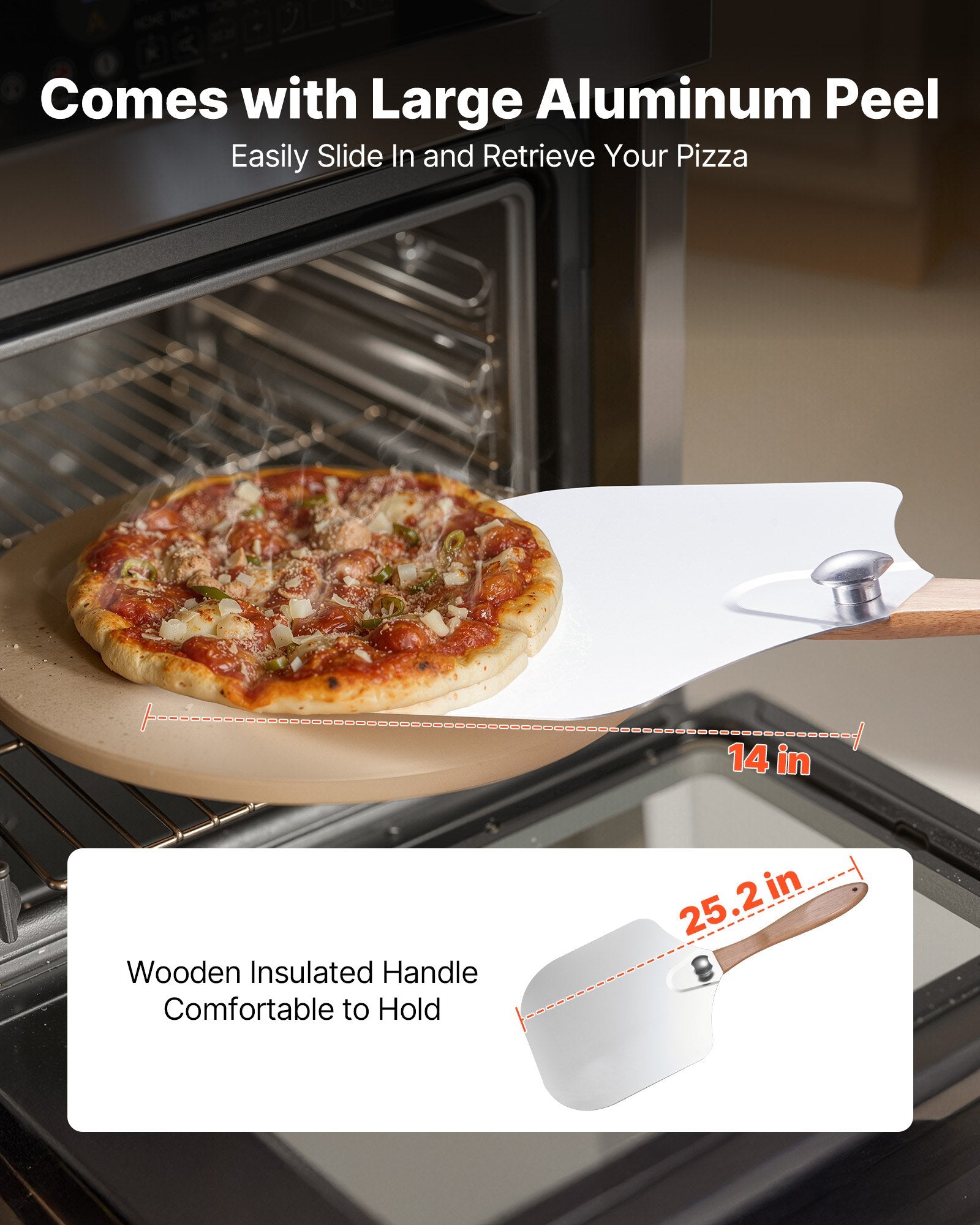 Pizza Stone, 381 mm Round Cordierite Pizza Stone, Extra Large Baking-Stone with Aluminum Peel, 17 mm V952-PSSJQSYX15INBTVJF001V0