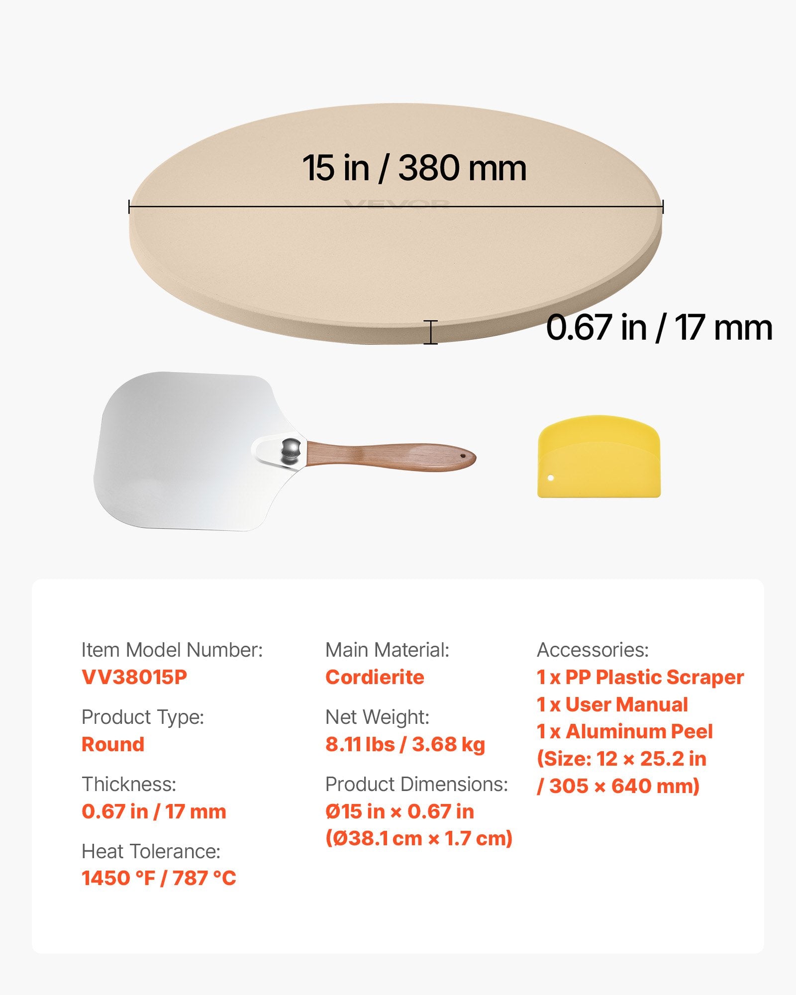 Pizza Stone, 381 mm Round Cordierite Pizza Stone, Extra Large Baking-Stone with Aluminum Peel, 17 mm V952-PSSJQSYX15INBTVJF001V0