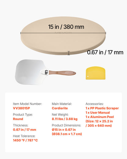 Pizza Stone, 381 mm Round Cordierite Pizza Stone, Extra Large Baking-Stone with Aluminum Peel, 17 mm V952-PSSJQSYX15INBTVJF001V0