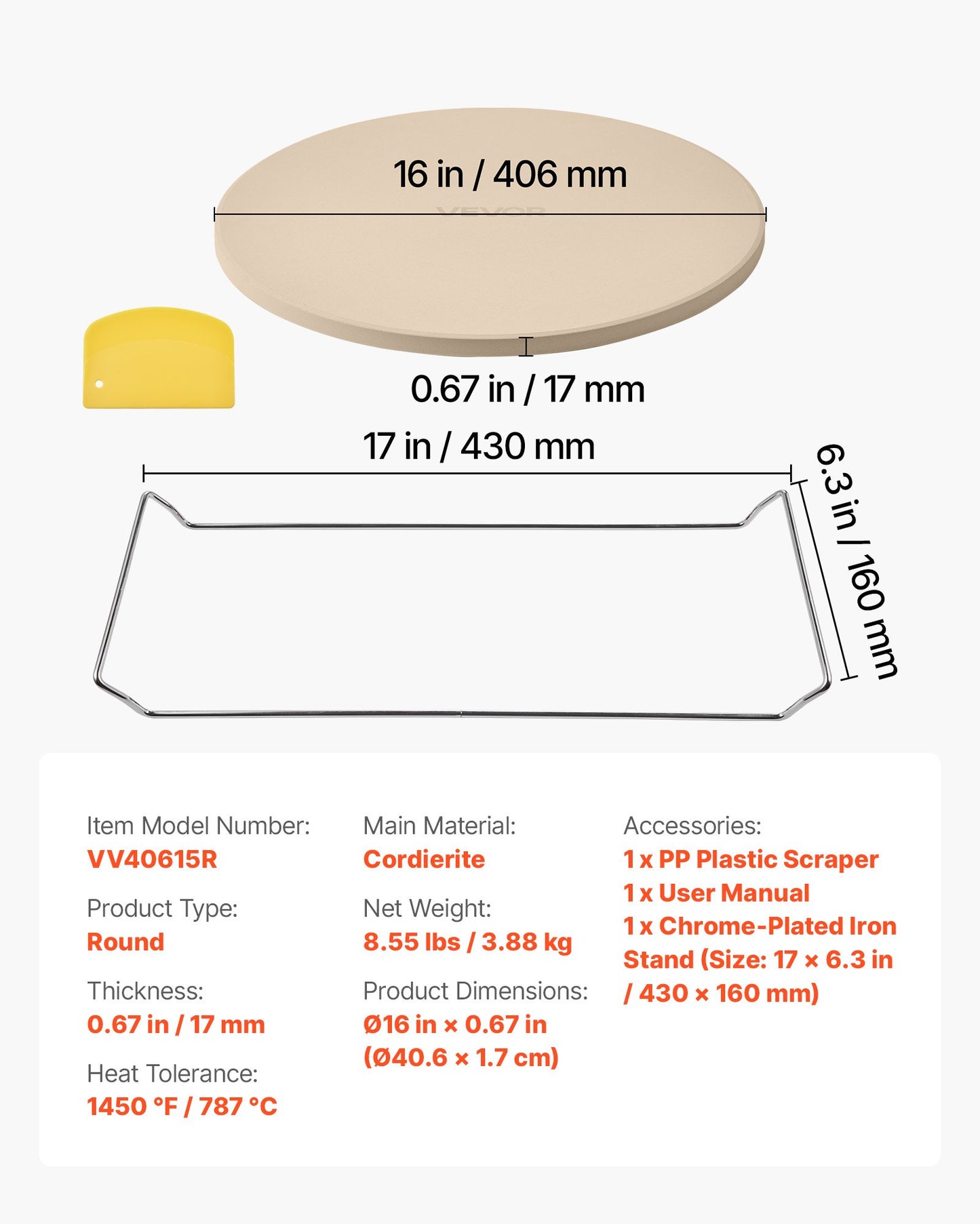 Pizza Stone, 406 mm Round Cordierite Pizza Stone, Extra Large Baking-Stone with a Durable Stand, 17 mm V952-PSSJQSYX16INB39TR001V0