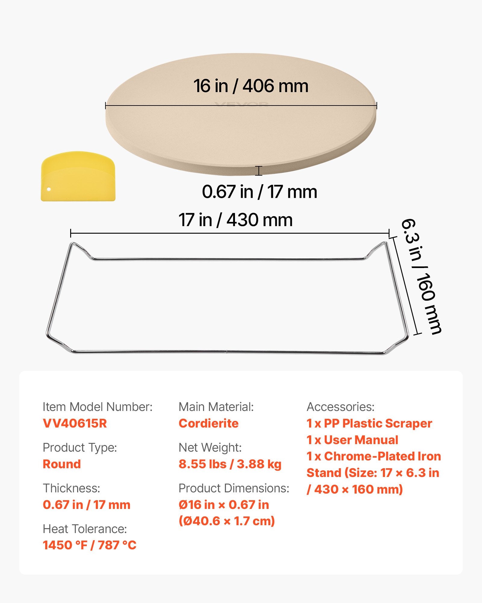 Pizza Stone, 406 mm Round Cordierite Pizza Stone, Extra Large Baking-Stone with a Durable Stand, 17 mm V952-PSSJQSYX16INB39TR001V0