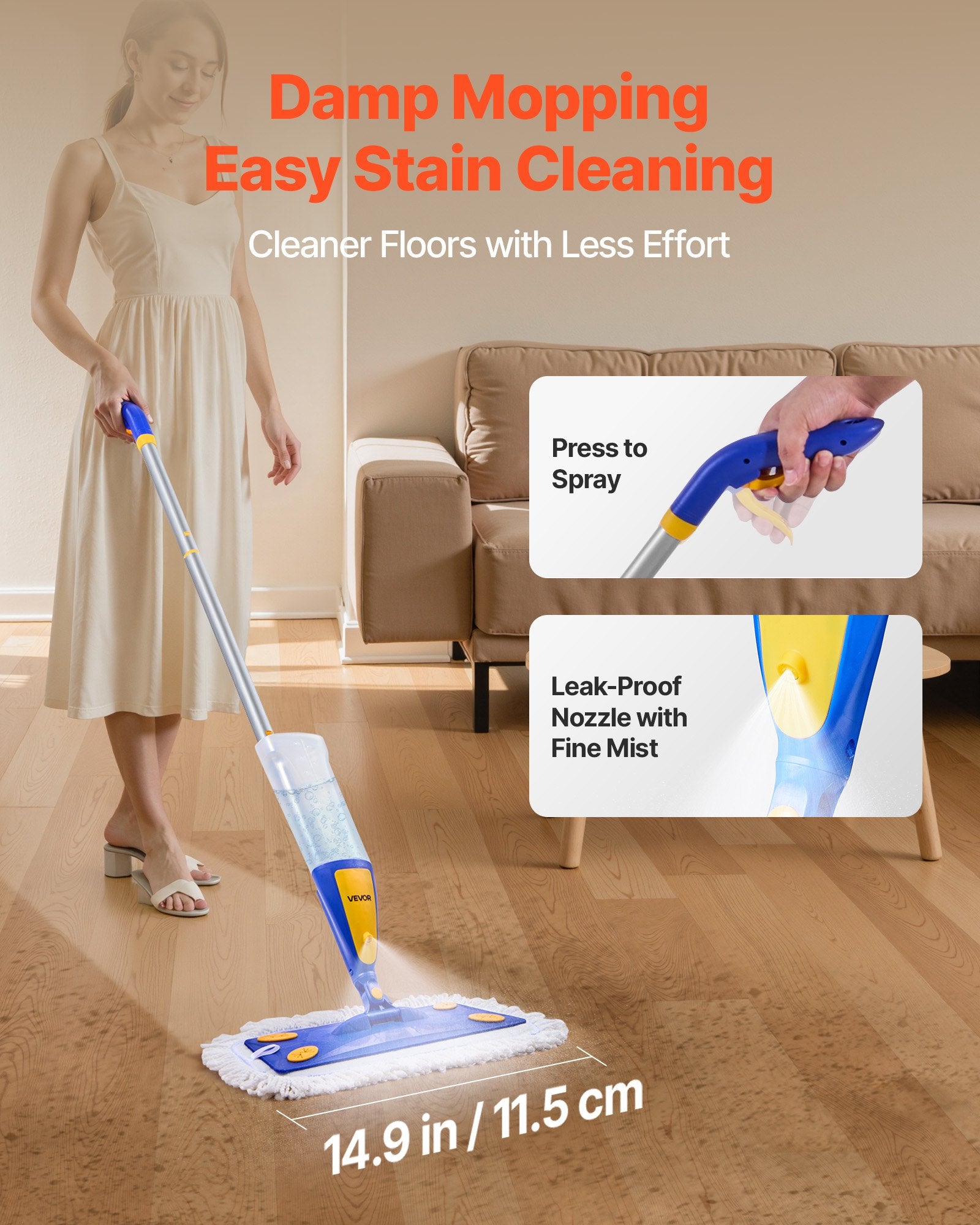 Spray Mop, with 3 Washable Pads for Dry and Wet Floor Cleaning & an 800ml Refillable Water Tank, Microfiber V952-PSTBSDPSZMDM9SKKR001V0