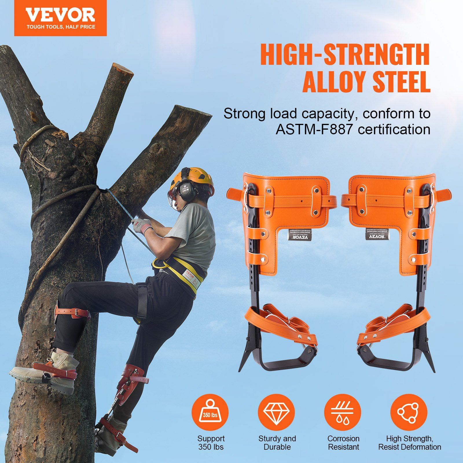 Tree Climbing Spikes Set, 1 Pair Alloy Steel Climbing Spurs with Safety Rope and Safety Harness, 350lbs Load V952-PSZZPZCZHKPZ0IXFTV0
