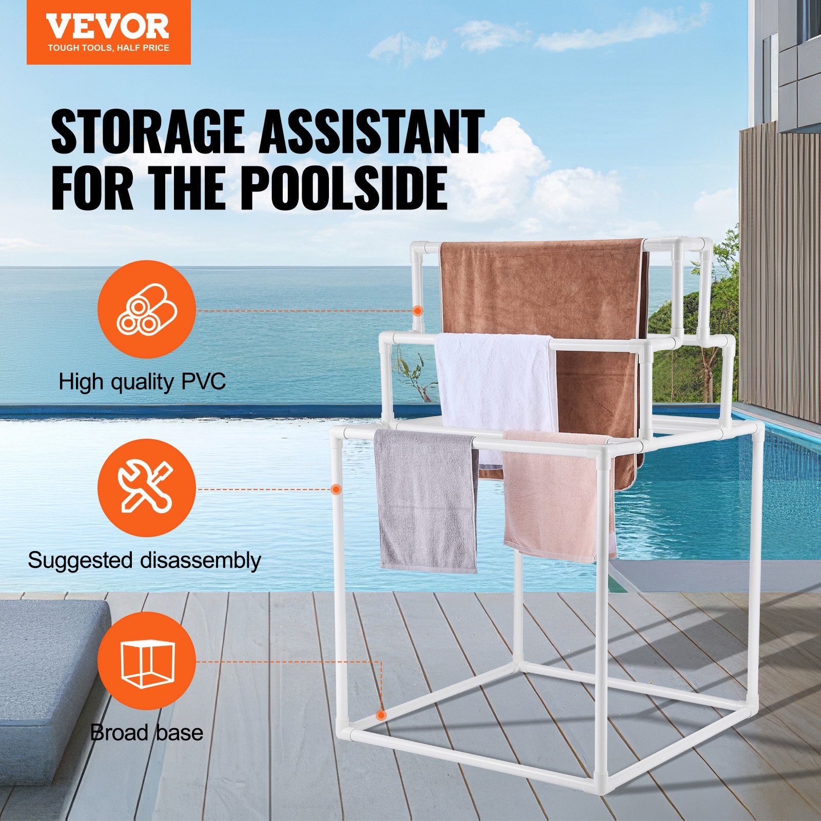 Towel Rack 8-Bar Outdoor PVC Towel Holder for Poolside Spa Bathroom White V952-PTMJJJXBS8GCN52QDV0