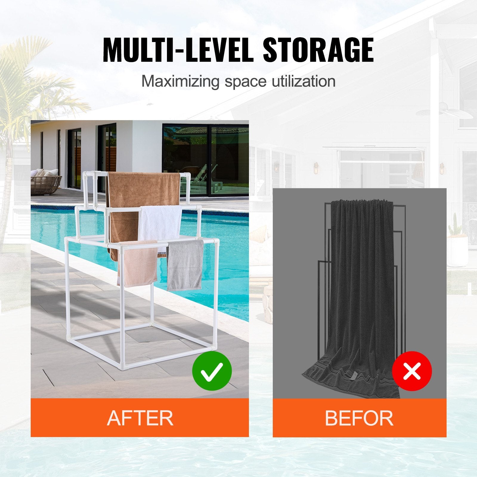 Towel Rack 8-Bar Outdoor PVC Towel Holder for Poolside Spa Bathroom White V952-PTMJJJXBS8GCN52QDV0