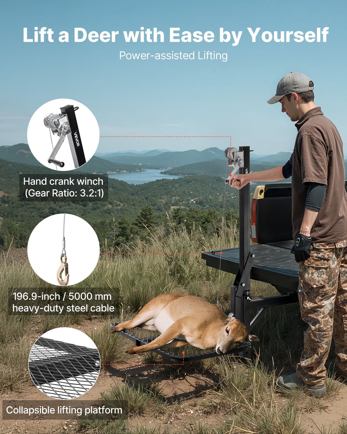 Hitch Deer Hoist with Lifting System Platform, 300 lbs Load Capacity, Game Hoist Winch Lift with 2-inch V952-PTSLSHL300LBWVV3H001V0
