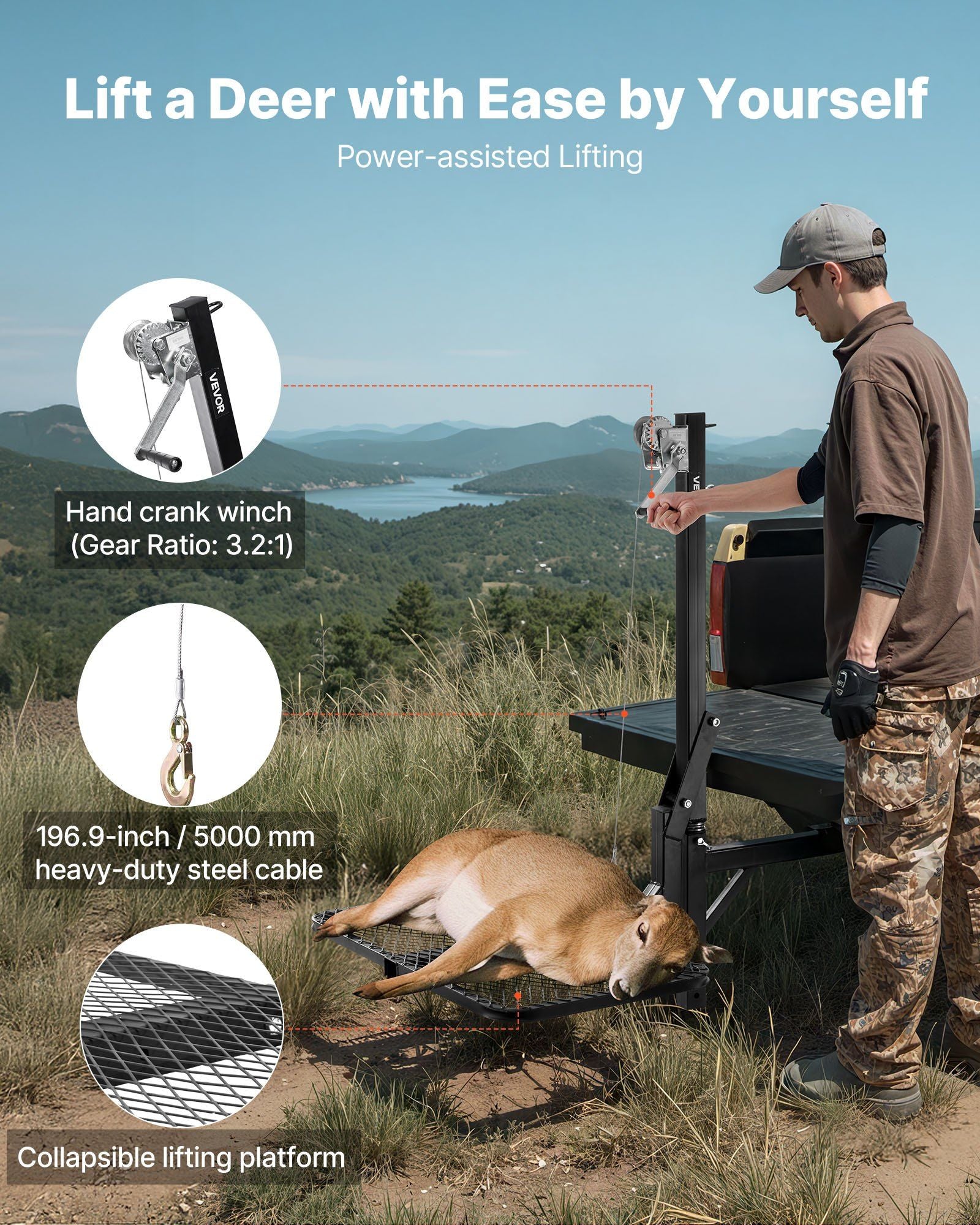 Hitch Deer Hoist with Lifting System Platform, 300 lbs Load Capacity, Game Hoist Winch Lift with 2-inch V952-PTSLSHL300LBWVV3H001V0
