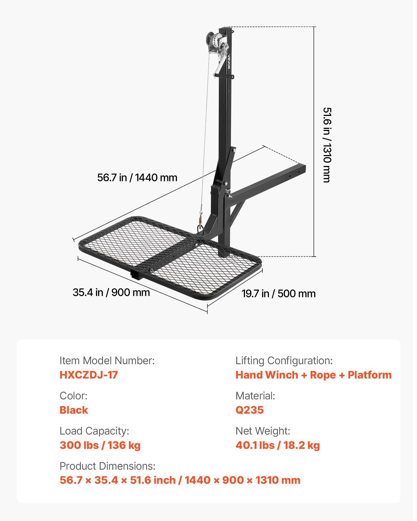 Hitch Deer Hoist with Lifting System Platform, 300 lbs Load Capacity, Game Hoist Winch Lift with 2-inch V952-PTSLSHL300LBWVV3H001V0