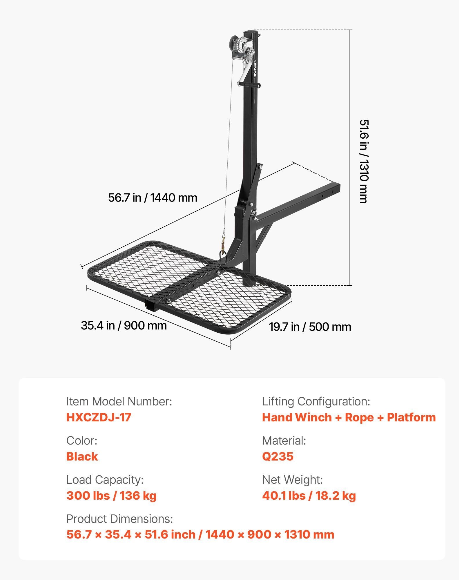 Hitch Deer Hoist with Lifting System Platform, 300 lbs Load Capacity, Game Hoist Winch Lift with 2-inch V952-PTSLSHL300LBWVV3H001V0