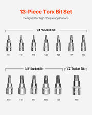 Torx Bit Socket Set, 13-Piece Star T8 - T60 Set, S2 Alloy Steel and Cr-V Steel, 1/4 in, 3/8 in, and 1/2 in V952-PTTT143812TO25MKPV0