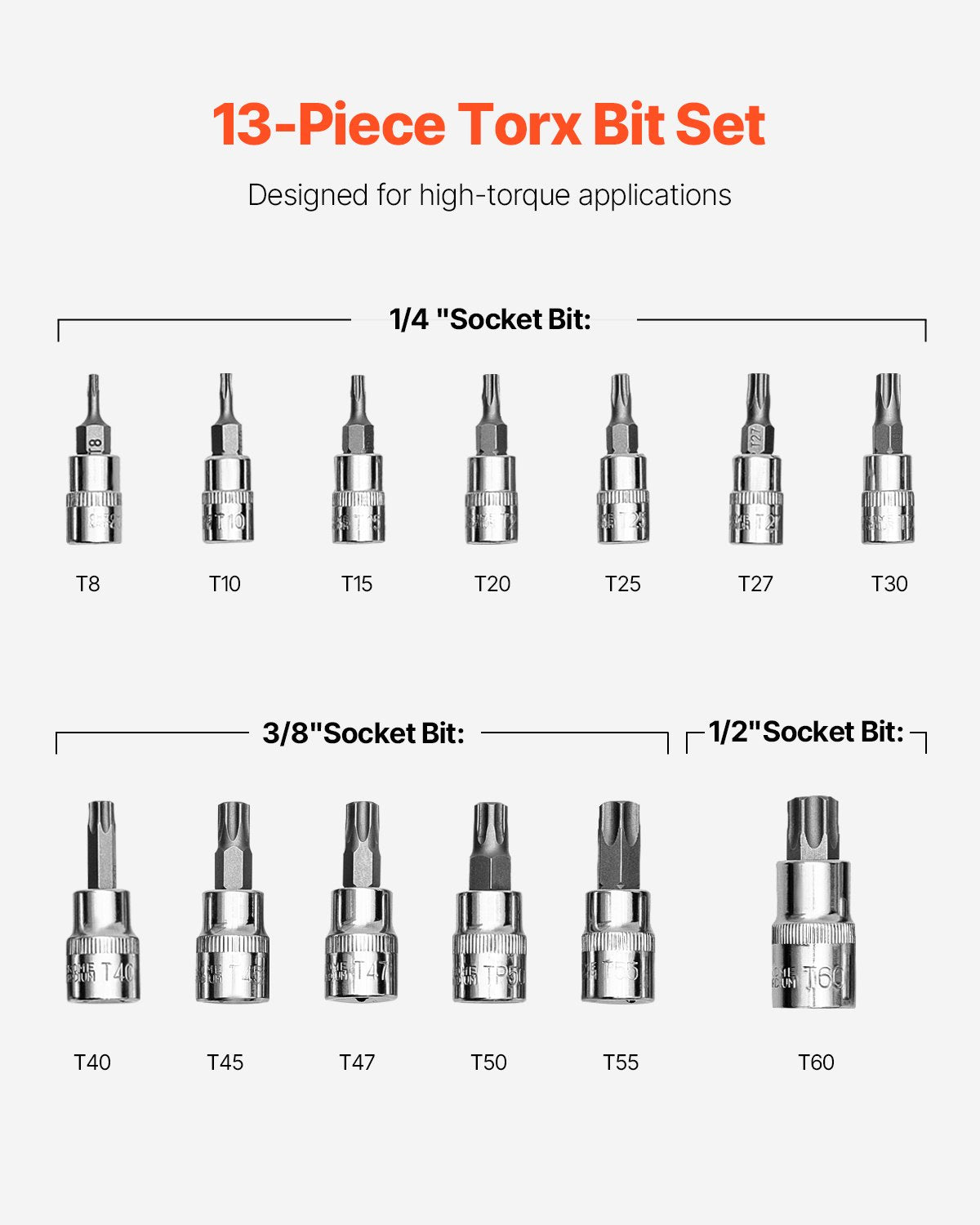 Torx Bit Socket Set, 13-Piece Star T8 - T60 Set, S2 Alloy Steel and Cr-V Steel, 1/4 in, 3/8 in, and 1/2 in V952-PTTT143812TO25MKPV0