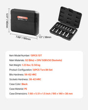 Torx Bit Socket Set, 13-Piece Star T8 - T60 Set, S2 Alloy Steel and Cr-V Steel, 1/4 in, 3/8 in, and 1/2 in V952-PTTT143812TO25MKPV0