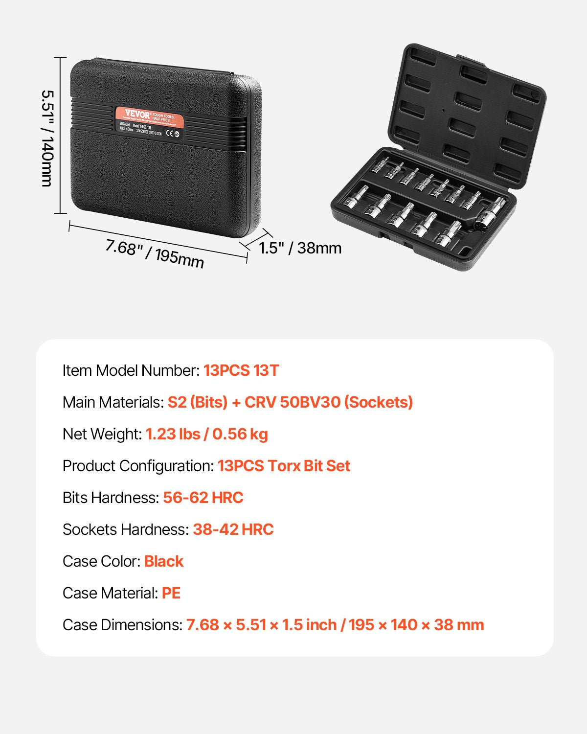 Torx Bit Socket Set, 13-Piece Star T8 - T60 Set, S2 Alloy Steel and Cr-V Steel, 1/4 in, 3/8 in, and 1/2 in V952-PTTT143812TO25MKPV0