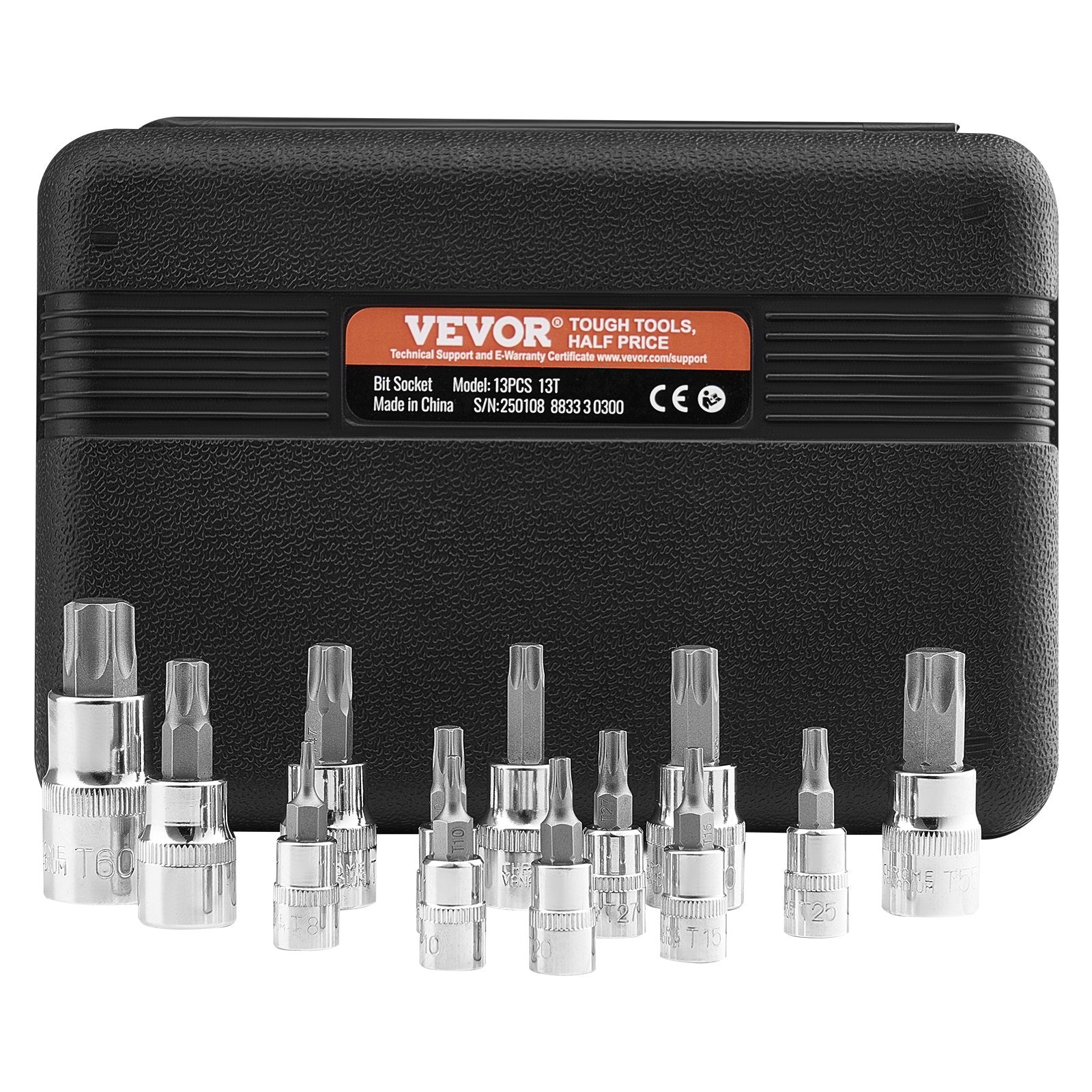 Torx Bit Socket Set, 13-Piece Star T8 - T60 Set, S2 Alloy Steel and Cr-V Steel, 1/4 in, 3/8 in, and 1/2 in V952-PTTT143812TO25MKPV0