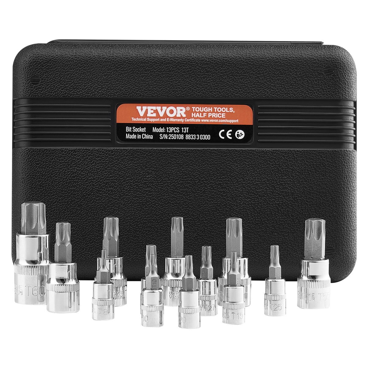 Torx Bit Socket Set, 13-Piece Star T8 - T60 Set, S2 Alloy Steel and Cr-V Steel, 1/4 in, 3/8 in, and 1/2 in V952-PTTT143812TO25MKPV0