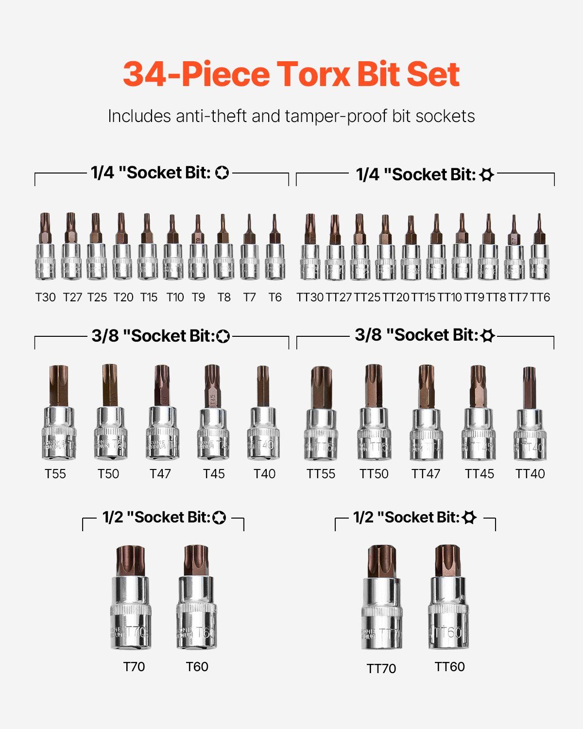 Torx Bit Socket Set, 34-Piece Solid Star and Tamper Proof T6-T70, S2 Alloy Steel and Cr-V Steel, 1/4 in, 3/8 V952-PTTT143812TO3PNXZV0