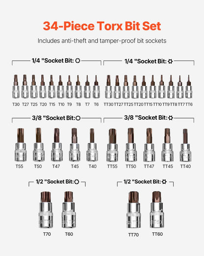 Torx Bit Socket Set, 34-Piece Solid Star and Tamper Proof T6-T70, S2 Alloy Steel and Cr-V Steel, 1/4 in, 3/8 V952-PTTT143812TO3PNXZV0