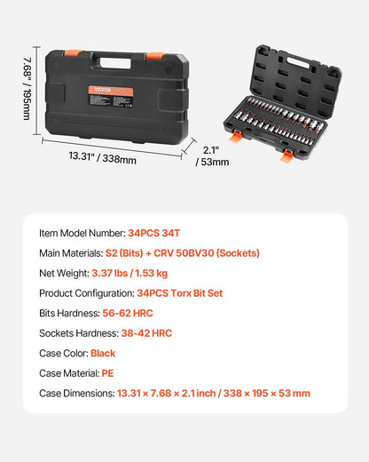 Torx Bit Socket Set, 34-Piece Solid Star and Tamper Proof T6-T70, S2 Alloy Steel and Cr-V Steel, 1/4 in, 3/8 V952-PTTT143812TO3PNXZV0