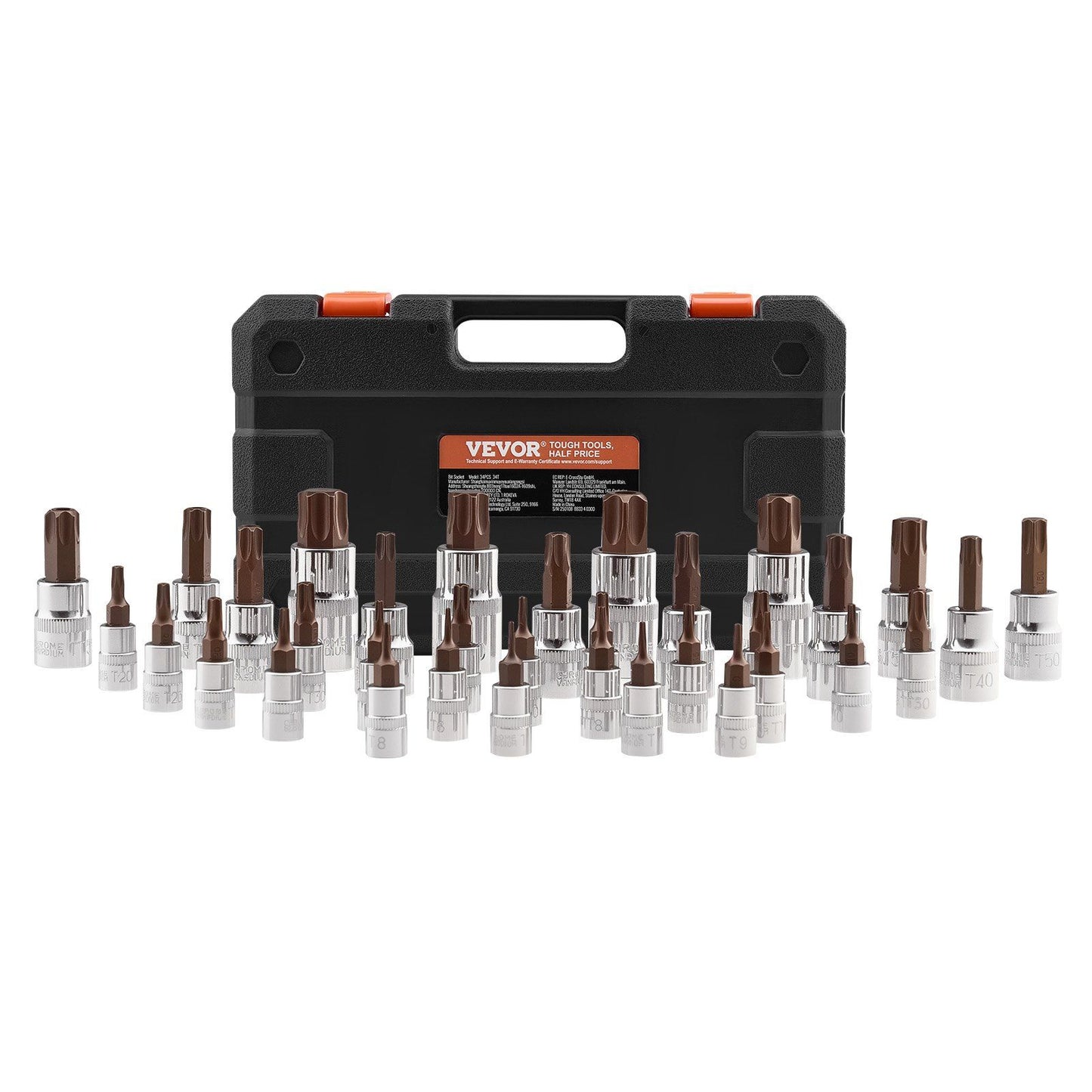 Torx Bit Socket Set, 34-Piece Solid Star and Tamper Proof T6-T70, S2 Alloy Steel and Cr-V Steel, 1/4 in, 3/8 V952-PTTT143812TO3PNXZV0