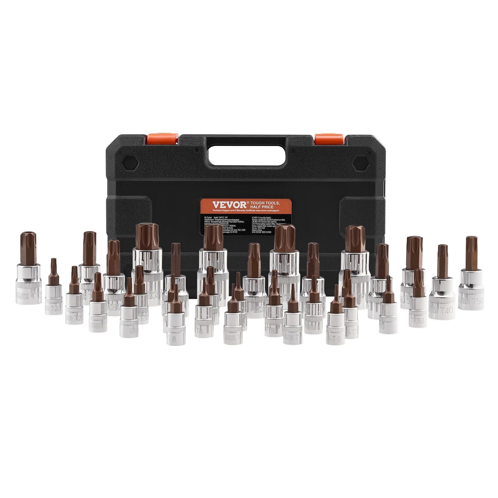 Torx Bit Socket Set, 34-Piece Solid Star and Tamper Proof T6-T70, S2 Alloy Steel and Cr-V Steel, 1/4 in, 3/8 V952-PTTT143812TO3PNXZV0