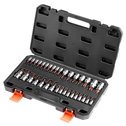 Torx Bit Socket Set, 34-Piece Solid Star and Tamper Proof T6-T70, S2 Alloy Steel and Cr-V Steel, 1/4 in, 3/8 V952-PTTT143812TO3PNXZV0