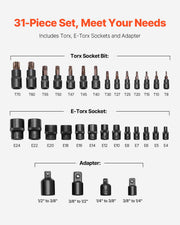 Torx Bit Socket and External Torx Socket Set 31-Piece T8-T70 and E4-E24 Steel V952-PTTT143812TORESE9V0