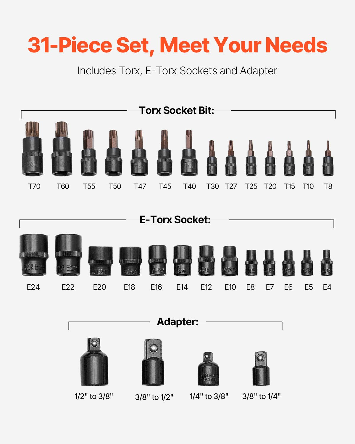 Torx Bit Socket and External Torx Socket Set 31-Piece T8-T70 and E4-E24 Steel V952-PTTT143812TORESE9V0