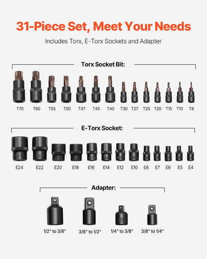 Torx Bit Socket and External Torx Socket Set 31-Piece T8-T70 and E4-E24 Steel V952-PTTT143812TORESE9V0