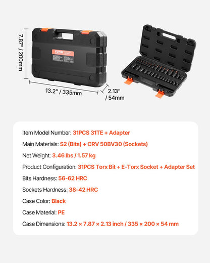 Torx Bit Socket and External Torx Socket Set 31-Piece T8-T70 and E4-E24 Steel V952-PTTT143812TORESE9V0