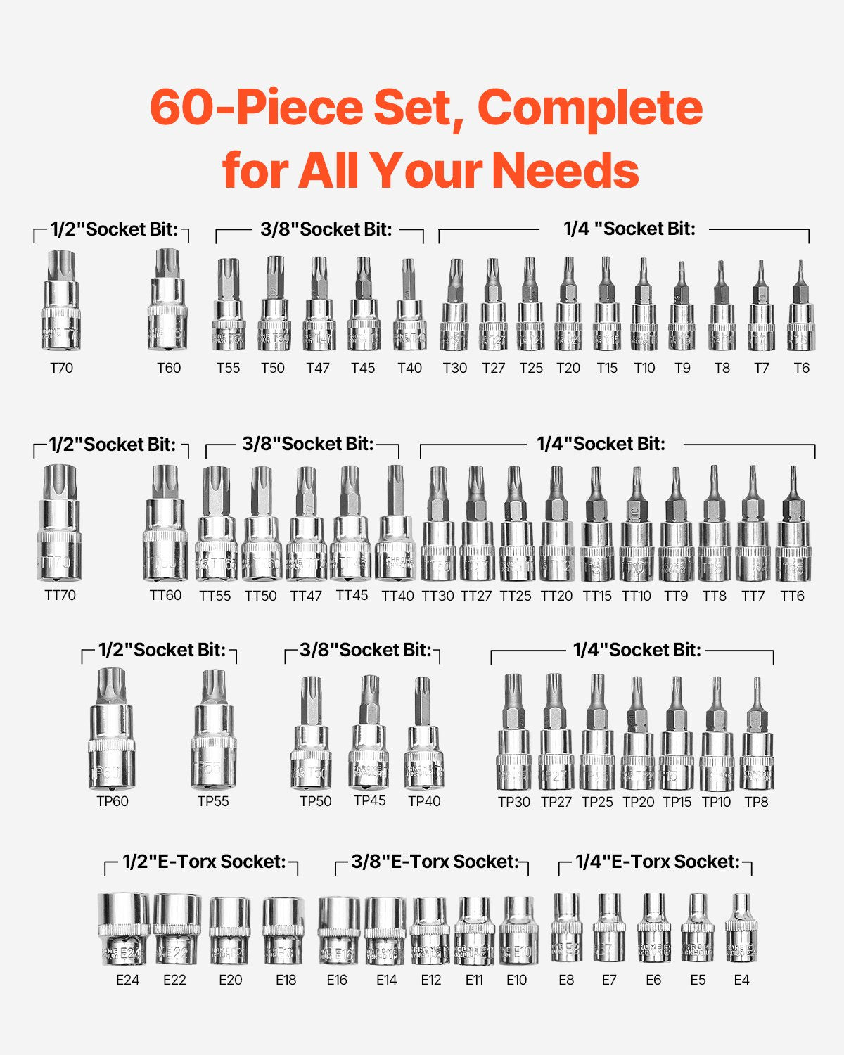 Torx Bit Socket and External Torx Socket Set, 60-Piece T6-T70, TT6-TT70, TP8-TP60, E4-E24, S2 Alloy Steel and V952-PTTT143812TOZF3DAV0