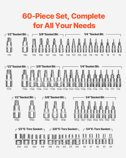 Torx Bit Socket and External Torx Socket Set, 60-Piece T6-T70, TT6-TT70, TP8-TP60, E4-E24, S2 Alloy Steel and V952-PTTT143812TOZF3DAV0