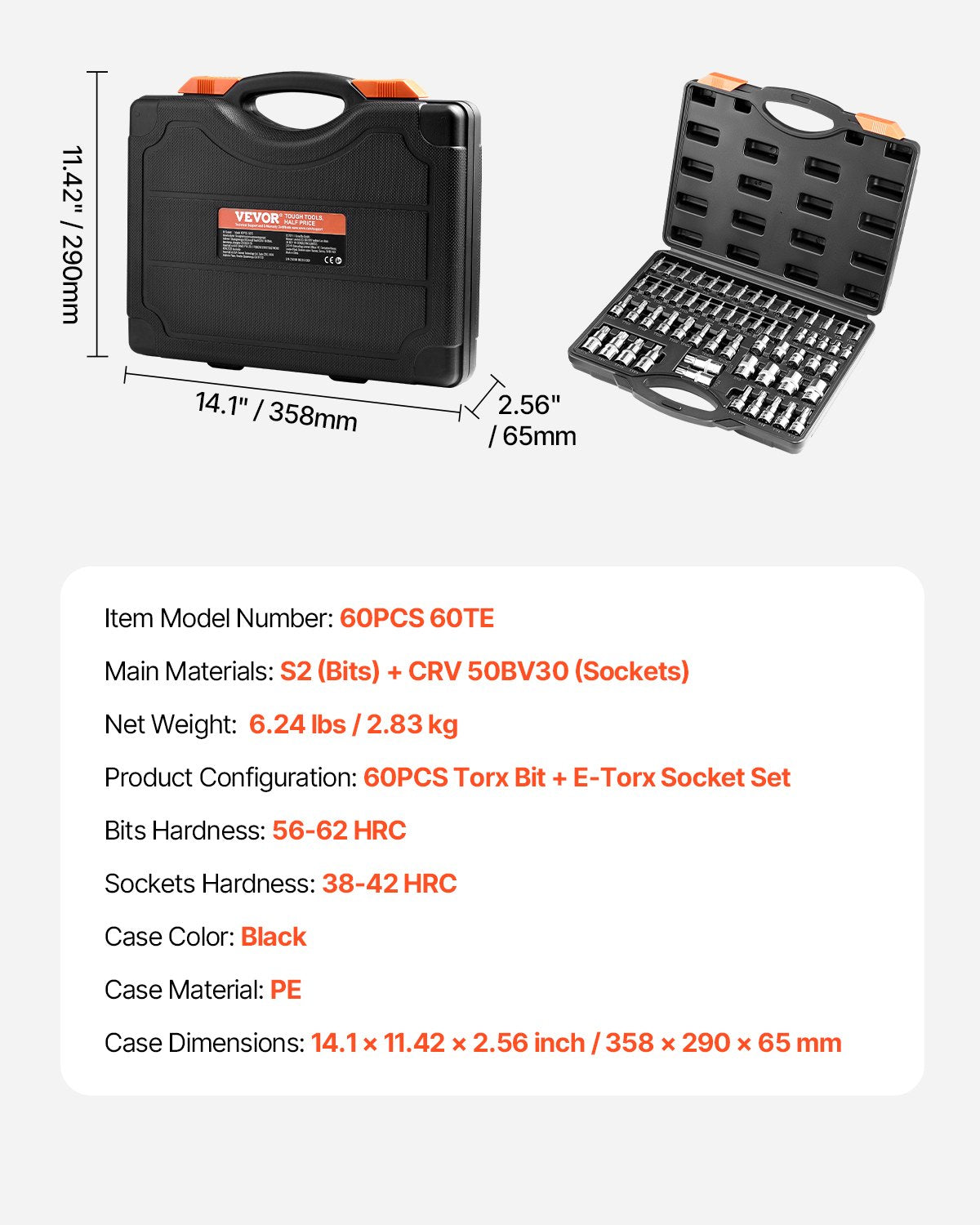 Torx Bit Socket and External Torx Socket Set, 60-Piece T6-T70, TT6-TT70, TP8-TP60, E4-E24, S2 Alloy Steel and V952-PTTT143812TOZF3DAV0