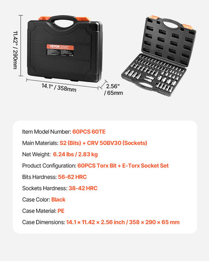 Torx Bit Socket and External Torx Socket Set, 60-Piece T6-T70, TT6-TT70, TP8-TP60, E4-E24, S2 Alloy Steel and V952-PTTT143812TOZF3DAV0